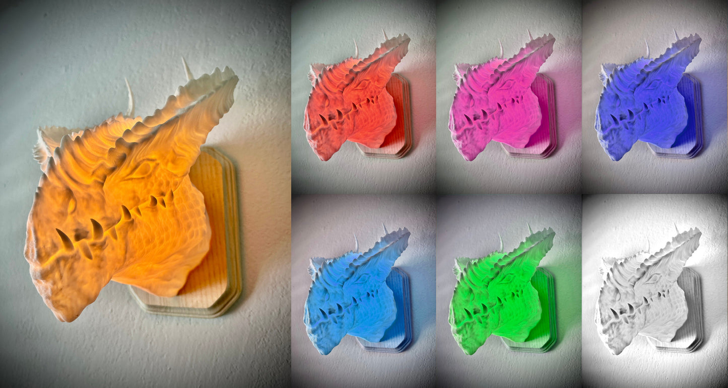 Dragon head wall trophy lamp to decorate your room: bedroom, playroom or office.
