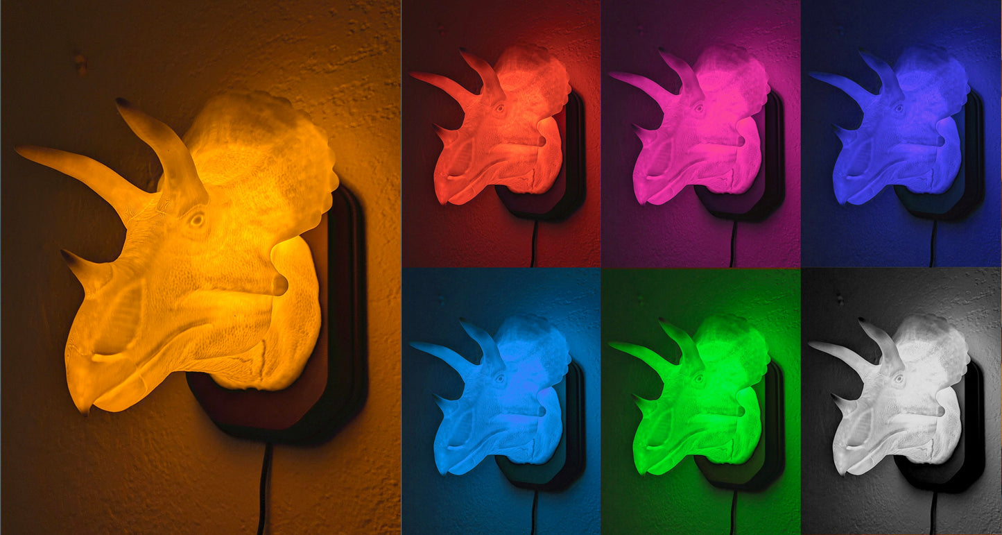 Triceratops inspired wall trophy lamp to decorate your room: bedroom, playroom or office.
