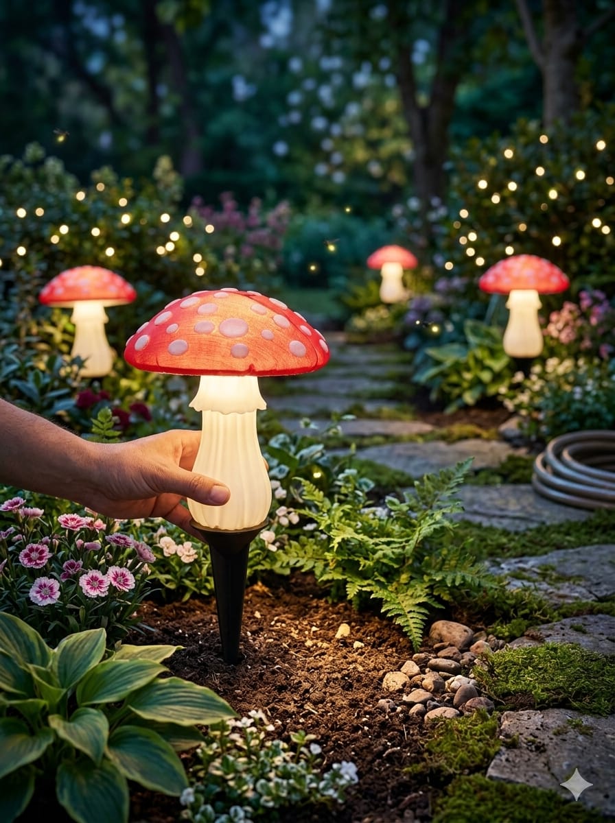Solar Mushroom Garden Light, 2-in-1 Outdoor & Table Lamp, 3D Printed Fairy Garden Decor, LED Patio Light, Woodland Gift