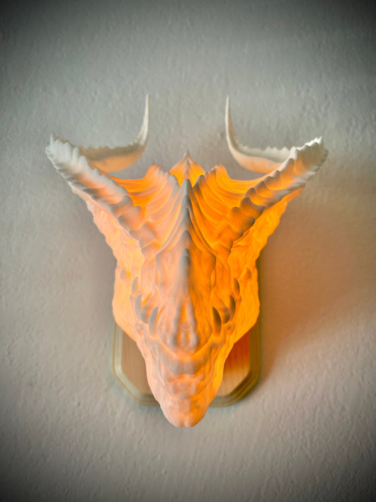 Dragon head wall trophy lamp to decorate your room: bedroom, playroom or office.