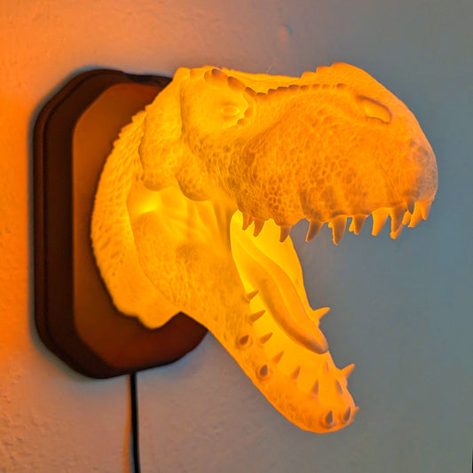 Tyrannosaurus rex T-Rex inspired wall trophy lamp to decorate your room: bedroom, playroom or office.