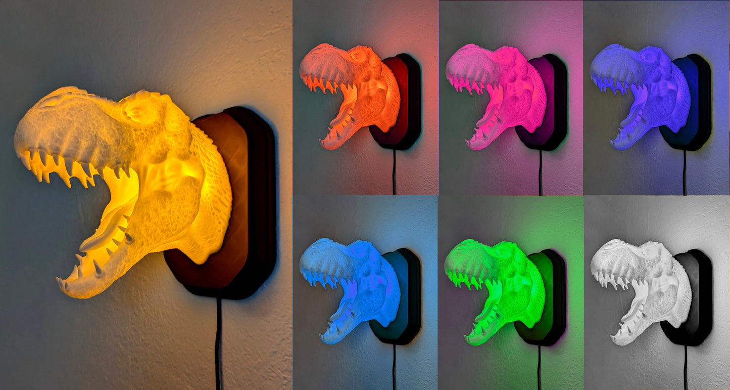 Tyrannosaurus rex T-Rex inspired wall trophy lamp to decorate your room: bedroom, playroom or office.